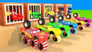 Long Slide Game With McQueen, LAMBORGHINI, FERRARI, CHEVROLET, POLICE CARS 3D Vehicles Challenge