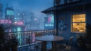 Rainy Night Lofi 🌃 Neo Tokyo City Balcony for Studying, Focus & Relax