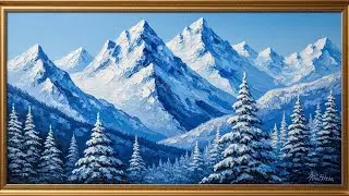 Frame TV Art: Arctic Majesty: Impasto Blue Mountains and Snow-Covered Pines