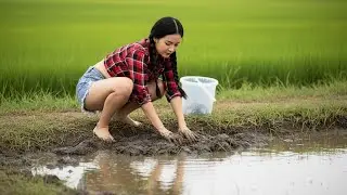 Beautiful Woman Catches Colorful Fish At Sunset In Rural Fields