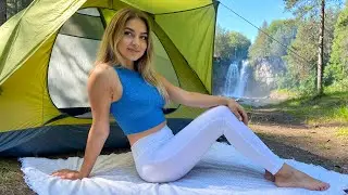 Girl camping alone 💦👙🏕️. Solo adventure. Outdoor exploration.