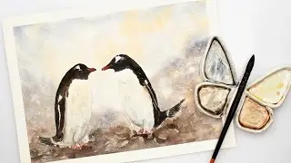 Watercolor animal painting tutorial - penguins painting + FREE sketch