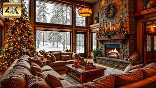 Luxury Christmas Lodge with Fireplace 4K | Snowy Forest & Crackling Fire Ambience