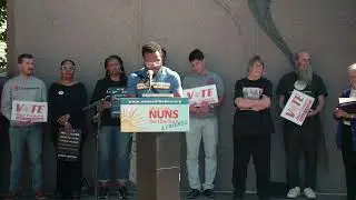 College student leader, JC Clay, NETWORK, speaks to #voters at #NunsontheBus #pittsburgh  Rally