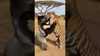 Silverback gorilla giving a passionate bear hug to a tiger