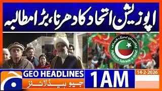 Opposition alliance continues sit-in in Parliament | Headlines Geo News 1 AM (14 Feb 2026)