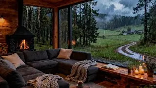 Rainy Jazz Ambience ⛈️ Warm Jazz Instrumental Music at Cozy Forest Cabin to Studying, Working, Relax