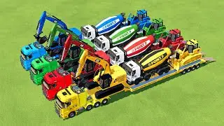 TRANSPORTING EXCAVATOR, MIXER CEMENT TRUCK, BULLDOZER, FIRE TRUCK TO GARAGE WITH MAN TRUCK - FS22
