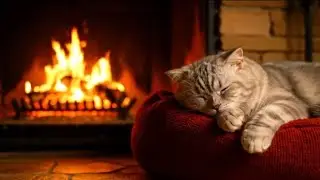 Gentle Purring Cat 🐱 by the Fireplace 🔥 | Warm Night Ambience for Deep Sleep