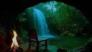 12 Hours Fire, Waterfall & Birds Ambience | Cozy Hearth ASMR | Sleep & Relax