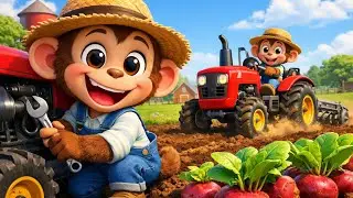 Monkey Farmer Fixes Tractor and Plows Beet Field - Farm Work | Funny Monkey Kids