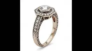 Vintage Diamond Ring, Halo Engagement Ring, Milgrain 14k White Gold Promise Ring for Her