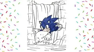 Coloring Sonic The Hedgehog Diving Off A Waterfall / Color Page with Markers /Speed Color Time Lapse