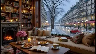 Winter Ambience ❄️ With Soft Warm Jazz Music & Fireplace Sounds at Cozy Coffeehouse for Study, Relax