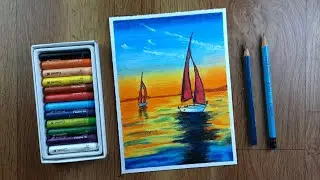 Oil pastel sunset scenery drawing