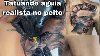 Tatuando águia realista preto e cinza no peitoral