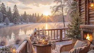 Winter Piano Music Snowfall by the Lake ❄️ Cozy Cabin Porch with Fireplace & Peaceful Ambience