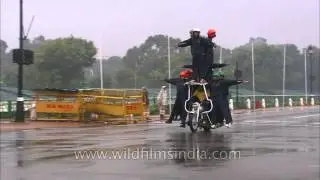 Indian Army soldiers display their skills on the motorcycle during rehearsal