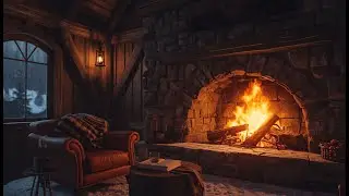 LIVE 🔴 Cozy Winter Cabin Fireplace & Piano | Snowfall Through the Window | Crackling Fire for Sleep