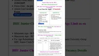 Banaras Hindu University BHU Junior Clerk Recruitment 2025 Apply Online for 191 Post#govtjobs#BHU