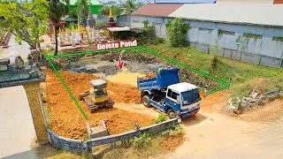Starting A New Project!! Bulldozer KOMATSU D20P & Dump Truck 5Ton ​Pouring Soil Delete Deep Pond