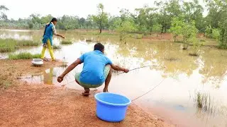 Fishing Video || Traditional boy and girl together fishing with hooks in a forest pond || Fish trap