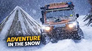 Hot Tent Winter Camping in a Snowfall & 4x4 Snow Overlanding [ Campfire, Heavy snow]  ASMR OVERLAND
