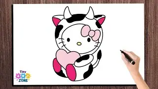  How to Draw a Cute Hello Kitty Cow | Hello Kitty in Cow dress Drawing and Colouring