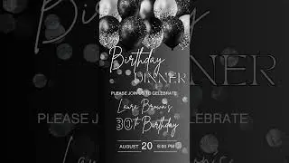 Black White Birthday Party Balloons Invitation Template -  Birthday Dinner Video Invite with Glitter