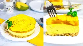No Bake Eggless Mango Cheesecake - Easy Mango Cheesecake in a Blender - Eggless & Without Oven