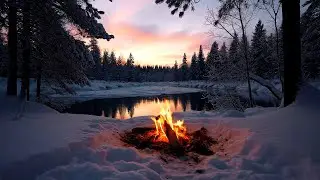 Winter Lake Campfire ❄️🔥 Deep Forest Silence, Crackling Fire & Cold Water Calm