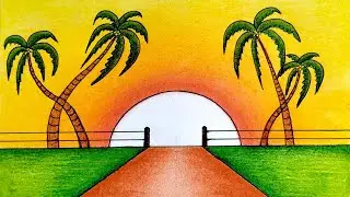 Beautiful Sunset Scenery Drawing | Realistic Prakritik Drishya Scenery 🌴