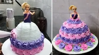 Barbie Doll Cake |Whipped Cream Barbie Doll Rosette Design |Barbie Doll Cake Kaishe Cutting kare