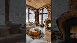Inviting living room with log walls, wood stove, and cozy winter scenery.