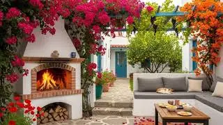 🔥🌿🌸 Cozy Fireplace Burning in a Mediterranean Courtyard | Relaxation, Study or Sleep