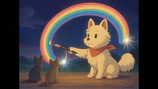 rainbow color dog teach how to sell a pen on the stage, front of many cats