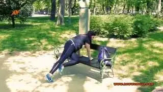 NowWeMOVE MOVEment Pills - OUTDOOR bench exercises - Active plank : Knee to opposite elbow