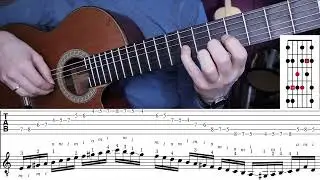 A Harmonic minor in E-form over E7 dominant chord, Iimprovising on classical guitar. Tabs on screen.