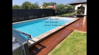 Liner piscine gris clair, abri, astuce balai manuel.