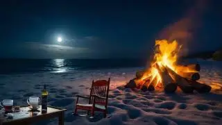 Glimmering Moonlight on Snowy Beach with Cozy Campfire and Wine  8 Hour Relaxation in 4K