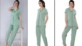 Women's Cotton  Dot Print Night Suit/Set/Nighty/Nightdress/Night Gown for Women and Girls with pose