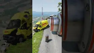 Cars & Ambulance Van vs Giant Pit Bollards Crash - BeamNG.drive