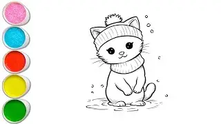 Cute Winter Cat Drawing for kids, Painting & Coloring for kids | Let's Draw Together
