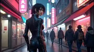 Image to video 丨 A cinematic shot of a cyberpunk female warrior walking through