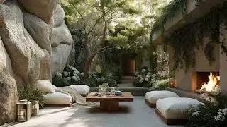 Luxury Stone Courtyard Jazz Ambience | Relaxing Outdoor Fireplace & Greenery Background