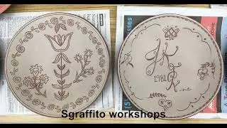 Sgraffito workshop setup and students at work