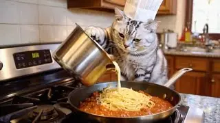 Cat Chef makes Spaghetti with Meat Sauce.
