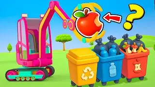 Garbage trucks and other vehicles collect and sort waste on the beach.