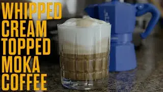 Whipped Cream Topped Moka Coffee, made with Bialetti.