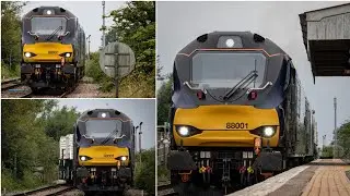 (HD) *Thrash* DRS 88 001 and 68 004 double heading on the Dungeness nuclear flask through Appledore